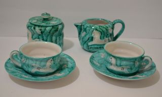 Vintage Cantagalli Italian Majolica Creamer,  Sugar Bowl And Two Cups With Saucers