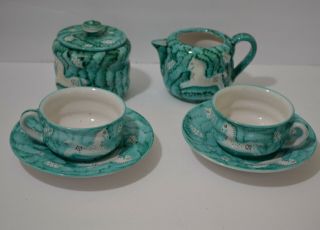 VINTAGE CANTAGALLI ITALIAN MAJOLICA CREAMER,  SUGAR BOWL AND TWO CUPS WITH SAUCERS 2
