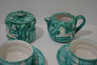 VINTAGE CANTAGALLI ITALIAN MAJOLICA CREAMER,  SUGAR BOWL AND TWO CUPS WITH SAUCERS 3