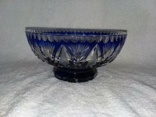 Cobalt Blue Cut To Clear Bohemian Crystal Bowl,  3 1/2 " Tall By 6 7/8 " Diameter