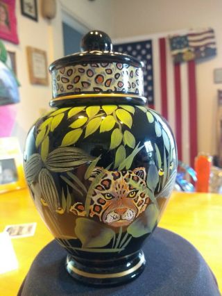 Fenton Black Ginger Jar W/ Lid - Cheetah Hand Painted By J.  Dowler George Fenton