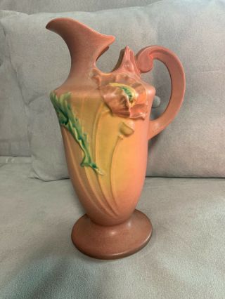 Vintage Roseville Pottery Poppy Ewer Handled Pitcher 876 - 10 " Pink