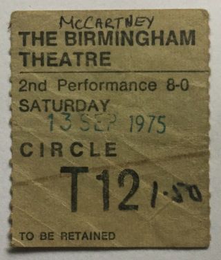 Beatles Paul Mccartney Wings Concert Ticket Hippodrome Birmingham 1975