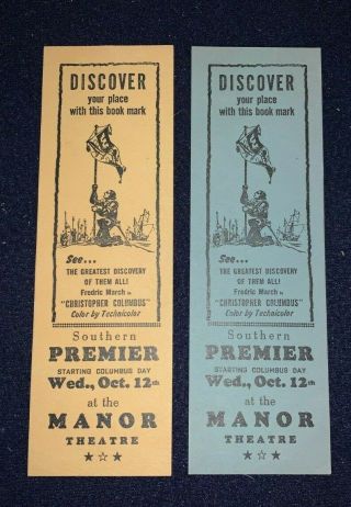 (2) 1949 Manor Theatre Charlotte,  North Carolina Christopher Columbus Bookmarks