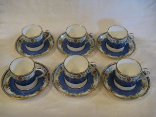 Set Of 6 Minton Demitasse Cups And Saucers Blue,  White,  Flowers,  And Gilding.