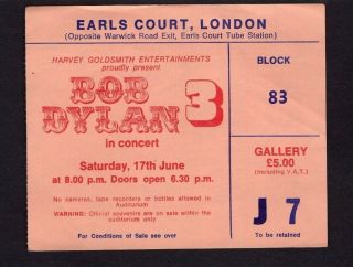 1978 Bob Dylan Concert Ticket Stub Earls Court London Uk Street Legal Tour