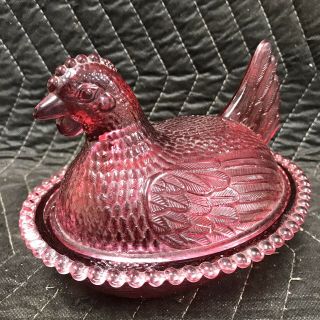 Vintage Indiana Glass Cranberry Red Hen On Nest Covered Candy