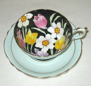 Paragon Cup and Saucer Tulips Daffodils Narcissus Green Black Interior 2