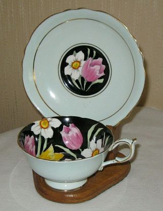 Paragon Cup and Saucer Tulips Daffodils Narcissus Green Black Interior 5