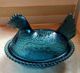 Vintage Hen On Nest Indiana Glass Light Blue Covered Chicken Candy Dish 7 "