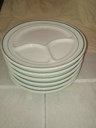 6 Vtg Buffalo China Green Stripe Restaurant Ware 9.  5 " Divided Dinner Plate