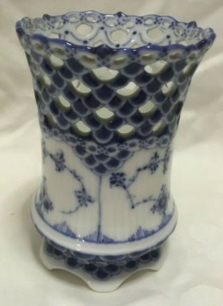 Vintage Royal Copenhagen Pierced Footed Vase 4 1/4 " X 3 " Blue / White
