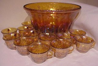 Vintage Indiana Harvest Gold Amber Carnival Glass Grape Punch Bowl With 12 Cups