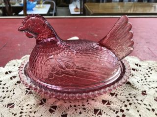 Vtg Indiana Glass Cranberry Red Hen On Nest Covered Candy Dish Nr