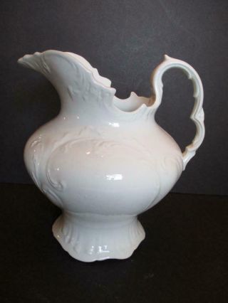 Gorgeous Ornate Embossed Antique White Ironstone 11 " Water Pitcher