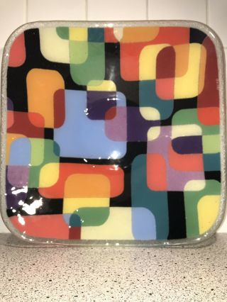 Peggy Karr Fused Art Glass 13 1/2” Traffic Multi Rounded Square Plate / Bowl