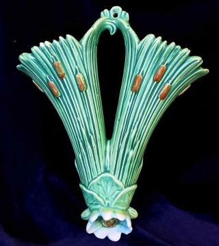 Weller Pottery Ardsley 12 " Double Wall Pocket Vase W Cattails (small Chips)