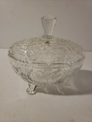 Heavy Vintage Clear Cut Crystal Footed Candy Dish With Cover Euc Rare