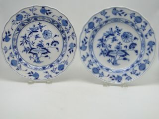 Two Antique Meissen Blue Onion Dinner Plates Crossed Sword Marks Hand Painted