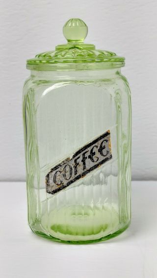 Hocking Green Ribbed Hoosier Depression Glass Coffee Canister With Glass Lid