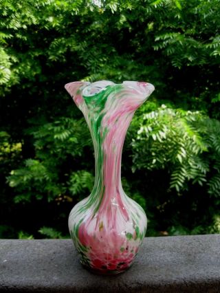 Vintage Murano 1960 Pink & Green Art Glass Spatter Vase W/flared Rim