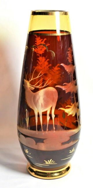 Vase Bohemian Czech Stag/elk Design Amber & Gilt With Etched Woodland Vintage