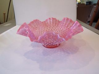 Vintage Fenton Cranberry Pink White Opalescent Hobnail Glass Ruffled Bowl Vase