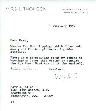 S676.  Virgil Thomson Composer,  Autographed Signed Hand Written Letter On Persona
