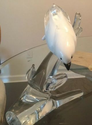 Murano? Hand Blown White Song Bird on Branch Art Glass Sculpture 8 Inches High 5