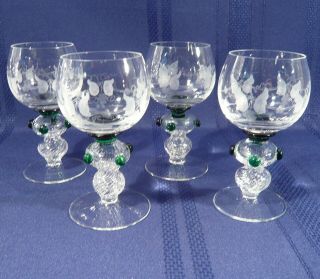 4 Theresienthal Wine Glasses Clear Swirl Stem Green Prunts Engraved Leaf 5 1/8 "