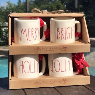Rae Dunn Set Of 4 Merry Bright & Holly Jolly Mini Mug Christmas Ornaments Decor