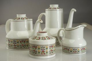 Royal Doulton " Fireglow " Pattern Coffee Pot Teapot With Cream & Sugar Set