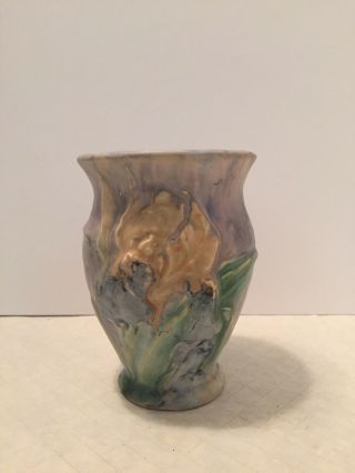 Weller 5 5/8” Silvertone Vase Yellow & Purple Irises Marked With Half Round Mark