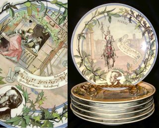 6 Antique French Sarreguemines Majolica Art Nouveau Opera Music Dessert Plates