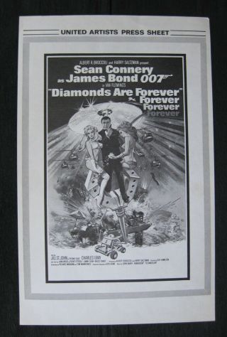Diamonds Are Forever 1971 Australian Press Sheet James Bond 007 Connery