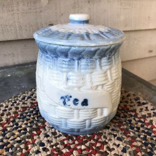 Antique Brush Mccoy Blue & White Basketweave Moring Glory Pattern Tea Canister