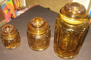 Set Of 3 Moon And Stars Cookie / Canister Jar & Lid 11 " Amber