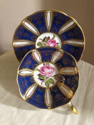 Paragon Bone China Tea Cup & Saucer Rose Heavy Gold And Blue