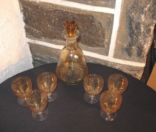 Bohemian Decanter Set 6 Glasses Gorgeous Amber Crystal Color Cut Hand Blown
