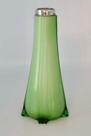 Art Deco Hand Blown Glass Vase Pea Green Overlay On White With Lovely Silver Rim
