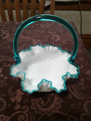 Fenton Crest Style White Milk Glass W/ Aqua Brides Basket Candy Dish