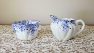 Lovely Antique Shelley English Bone China Dainty Blue Creamer & Open Sugar Bowl