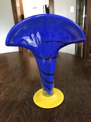 Italian Art Glass Vase Blue Yellow Made In Italy Murano Wavy 12h X 5w