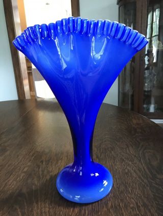 Italian Art Glass Vase Blue White Made In Italy Murano Wavy 12.  5h X 5w
