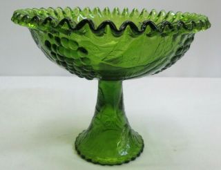 Fenton Green Carnival Glass Grape And Leaves Standing Serving Bowl