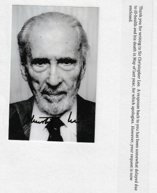 Christopher Lee Signed Photo Autograph W/note From Family 3x5 After His Death