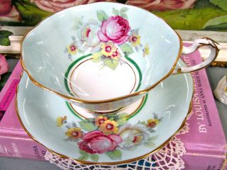 Paragon Tea Cup And Saucer Baby Blue & Pink Rose Pattern Wide Mouth Teacup