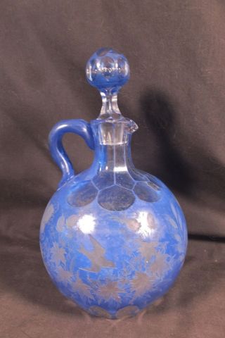 Antique Bohemian Opaque Blue Cut To Clear Glass Decanter Jug With Engraved Decor