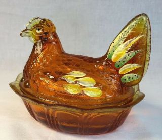 Fenton Art Glass Hand Painted Orange Slice Covered Chicken / Hen On Nest 2