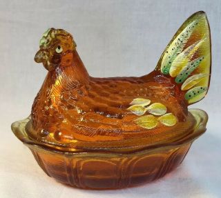 Fenton Art Glass Hand Painted Orange Slice Covered Chicken / Hen On Nest 3